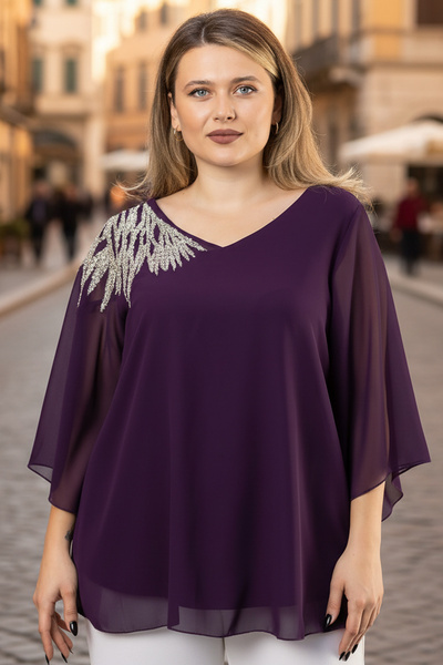 SUBU TASARIM One Shoulder Embroidered Chiffon Blouse Purple Tbs972