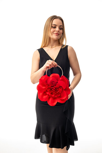 GUSTELLO ميلا |   فستان سهرة فضي معدني مستدير بتصميم بمقبض زهرة وردية حقيبة -...