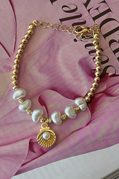 Trendy Butik Inci Istiridye Sallantılı Inci Detaylı Gold Topçuk Bileklik