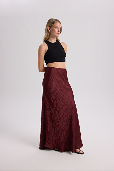 BOHEMAİ Eubah Wrinkled Long Burgundy Satin Skirt