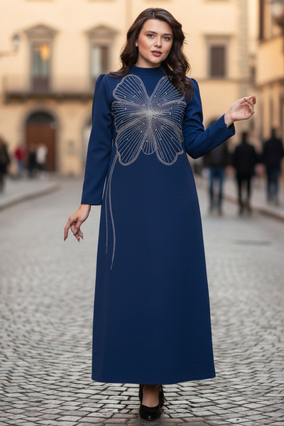 DENİMİNİ Taş İşleme Double Krep Kumaş Büyük Beden Tesettür Abiye Elbise DNM948