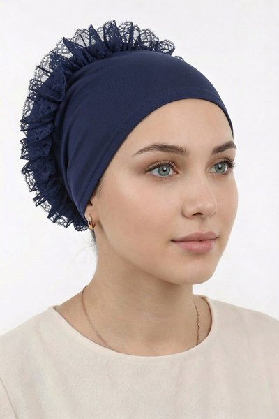 Jusmart Navy Blue Cotton Pack Front Stitched Ruffle Bun Bonnet ◆   Breathable...