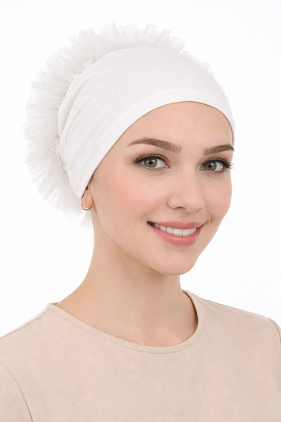 Jusmart Off-White Cotton Piece Pre-Sewn Ruffled Bun Bonnet ◆   Breathable Fab...