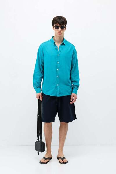 VAMOSCLO Basic Oversize Cotton Linen Shirt Turquoise