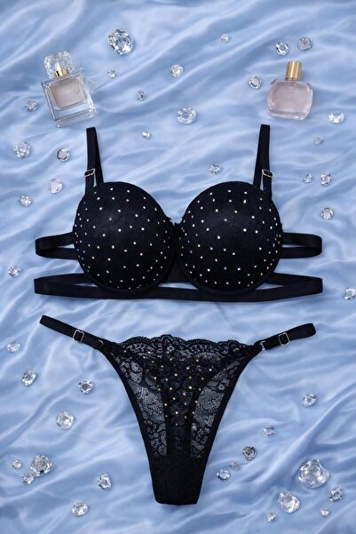 Luvia Lingerie iç giyim serpme taş detaylı siyah çamaşır takımı
