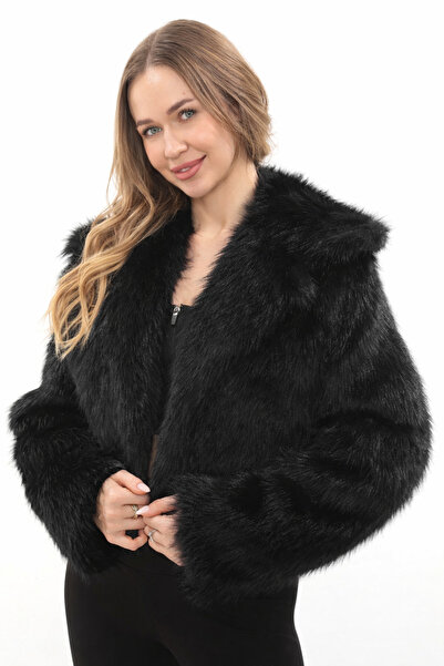 izellas Pera Crop Siyah Suni Kürk Ceket