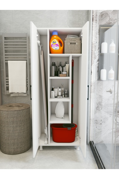 MONTENERO Çok Amaçlı Dolap Beyaz Banyo Düzenleyici Kiler Dolabı Kova Süpürge ...