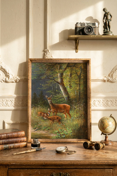 epiqart Kızıl Geyik Ailesi - Vintage Desenli Çerçeve