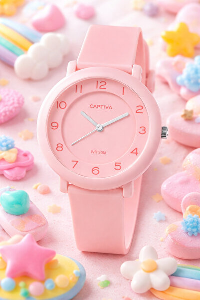 captiva 30 mt Suya Dayanıklı PEMBE RENK Analog Silikon Kordonlu Çoçuk Kol Saa...