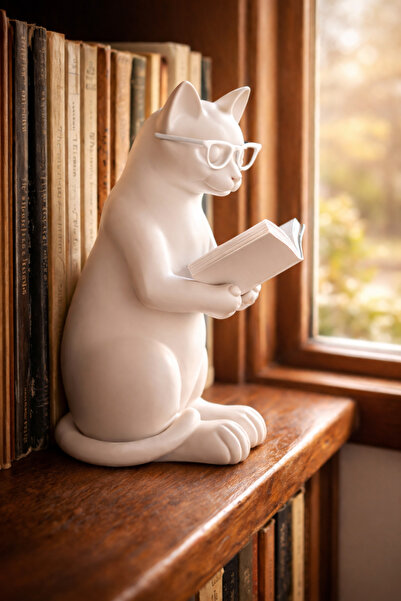 The Plasti Kitap Okuyan Kedi Figürü Kitaplık Süsü Tatlı Masa Süsü - Beyaz
