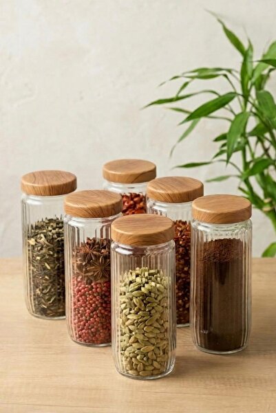 CASTEROLİ 6 Adet 1,5 Litre Akasya Kapak Görünümlü Çizgili Kavanoz 1500 ml