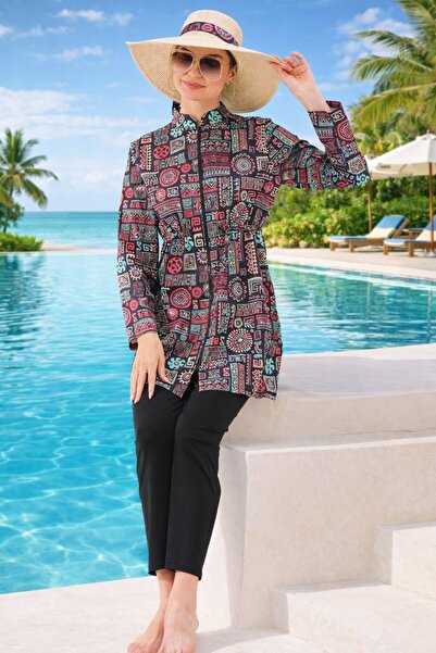 MAG FASHİON 3 قطع ملابس سباحة إسلامية بسحاب كامل مغلقة ملابس سباحة إسلامية مق...