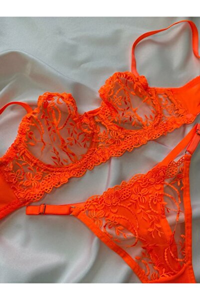 RUYAZ Σετ γυναικείο σουτιέν και εσώρουχα Neon Orange Lace Underwire