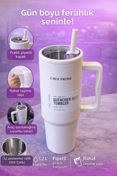 MİMOZA PARK Steel Tumbler Thermos with Handle 1.2 L Large Size with Straw Com...