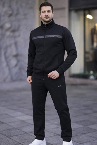zeyra New Season Two Thread Black Top and Bottom Men's Tracksuit Set