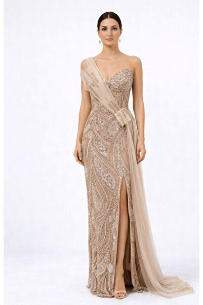 Niobe KADIN ABİYE BAKIR RENGİ PAYETLİ KUŞAK DETAYLI YIRTMAÇLI ŞIK ELBİSE