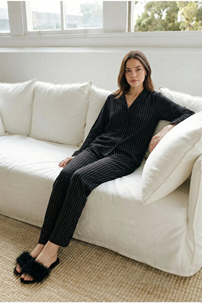 Espuar طقم بيجامة نسائي مخطط ومزخرف بأكمام طويلة 775