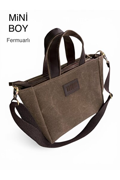 Nuggita Mini Boy Fermuarlı Mumlu Kanvas Kahverengi El Çantası / Çapraz Askılı