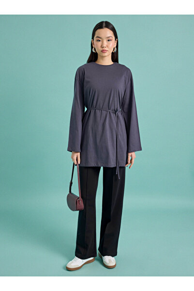 Benin Μοντέρνο τονικά κομμένο μπλουζάκι με λουράκια στη μέση - Ανθρακί -