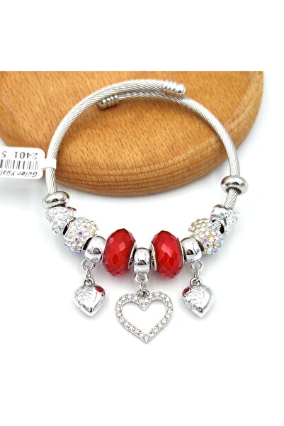 Güler Yüzlü Silver Steel Heart Red Ball Hanging Bracelet