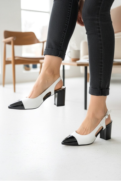 TUNAELLİ حذاء بكعب جلد طبيعي أسود وأبيض نسائي