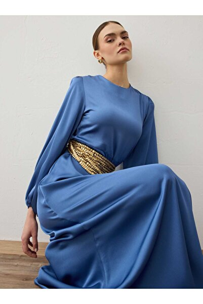 Refka Saten Kumaşlı Balon Kollu Tesettür Elbise - Galaxy Mavi -