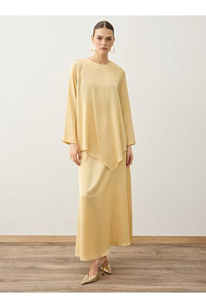 Refka Set tunică și fustă din țesătură satinată - Galben lămâie -
