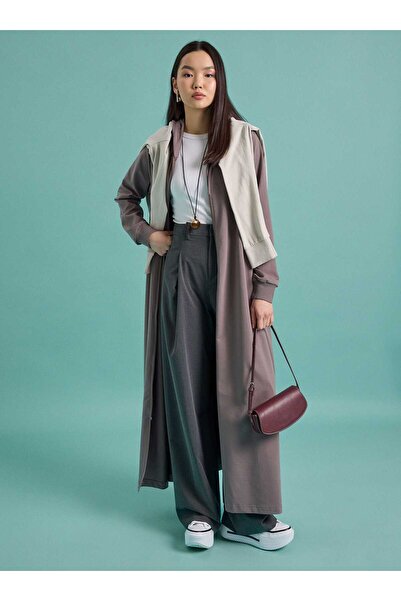 Benin Kapüşon Detaylı Fermuarlı Spor Kap / Pardesü - Vizon Kahve -