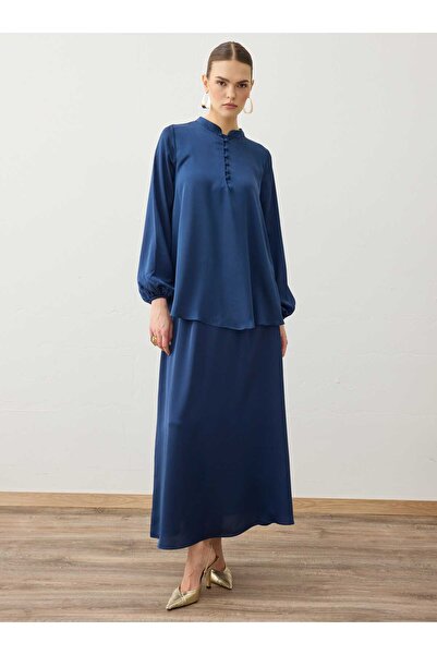 Refka Buttoned Detailed Skirt Suit - Navy Blue -