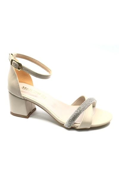 KOCAMANLAR Mehtap Stripe Stone 4 cm Heeled Women's Evening Dress Shoes Beige