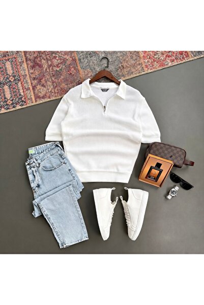 tiggir moda Tricou tricotat cu guler polo și pantaloni din denim, set din 2 p...