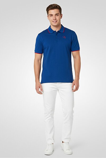 Cavalli Class قميص بولو رجالي بقصّة عادية وأكمام قصيرة وشعار مطرز، أزرق