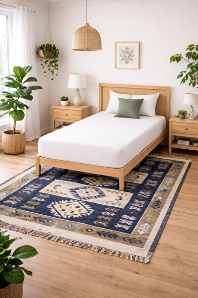 OEM Covor tradițional, dimensiune 120 x 180 cm albastru și crem, model spic d...