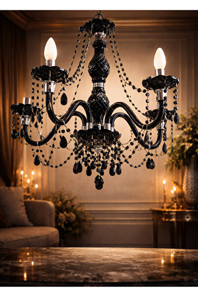 esdekor Design Siyah Taşlı Kristal Cam Avize Ev Dekorasyon Elektrik Aydınlatm...