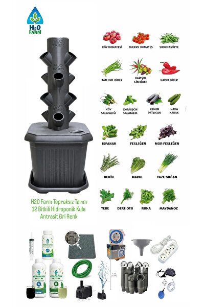 H20FARM Hidroponik Dikey Tarım - Topraksız Tarım Kule Sistemi Hobi Seti - 12 ...
