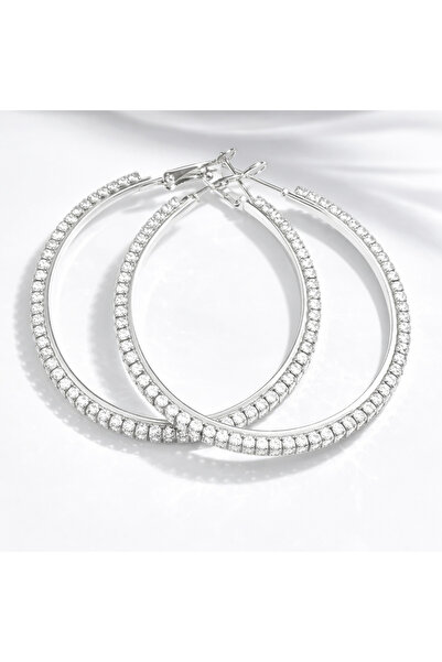 LENARA Jewelry & Accessories 5 cm Gümüş Renk Tek Sıra Taşlı Halka Küpe – Pasl...
