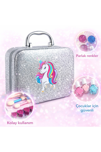YerliToptan Simli “Unicorn” Makyaj Çantalı Çocuk Makyaj Seti
