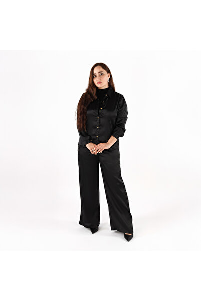 LINELLE طقم بنطلون نسائي منسق - قميص وبنطلون بلون واحد بأكمام طويلة.