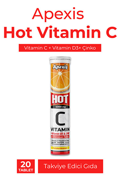 Apexis Hot Vitamin C Vitamin D3 Çinko Efervesan Tablet 20 Tablet Portakal Aro...
