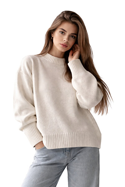 MODASPARK Pulover tricotat pentru femei, oversize, cu gât crew, ecru