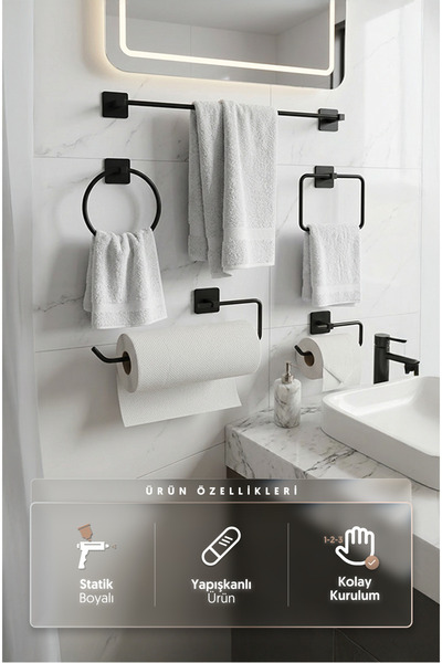 Alper Banyo Yapışkanlı Siyah Kare 5’li Banyo Aksesuar Seti – Uzun Havluluk, H...