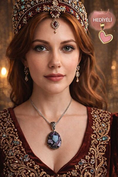 PORSE Ametist ve Firuze Taşı Detaylı Çelik Zincirli Doğal Taş Kolye