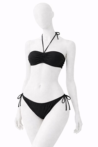 VAJESTO Дамски черен еластичен ликра комплект бикини с връзки на врата, без п...