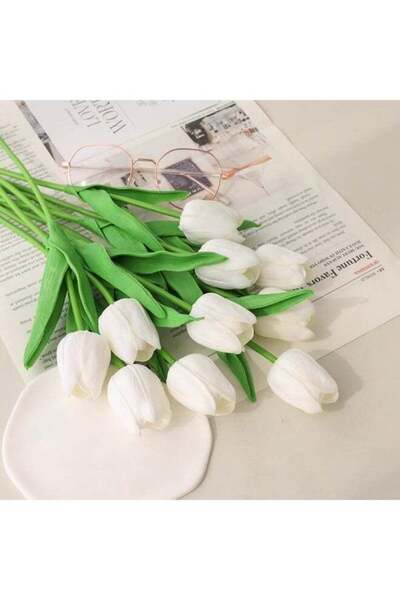 Arabest مجموعة من 10 زهور توليب بيضاء اصطناعية، زهور من البولي يوريثان واقعية...