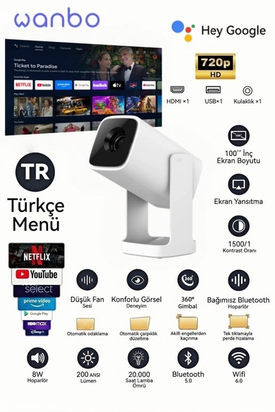 wanbo Cube 1 WiFi και Bluetooth Özellikli Projektör, Google Sesli Control