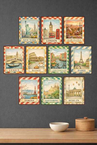 UNT Set de picturi decorative retro cu tematică Orașe din Lume – 10 piese |  ...