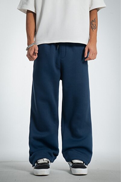 Crupt Studio بنطال رياضي أرجل واسعة باللون الأزرق الداكن مع سروال رياضي للرجال