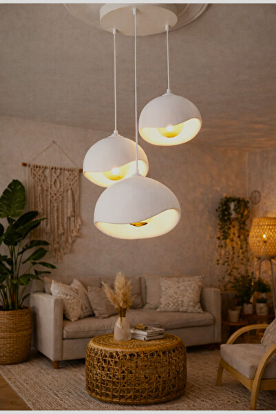 Elmas Print Beton İskandinav &Bohem Tarz 3’lü BEYAZ Avize ( E27 AMPÜL dahildir )