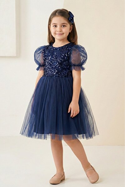 Mnk Baby&Kids Balon Kol Pul Payet Kız Çocuk Tütü Elbise M00751 LACİVERT