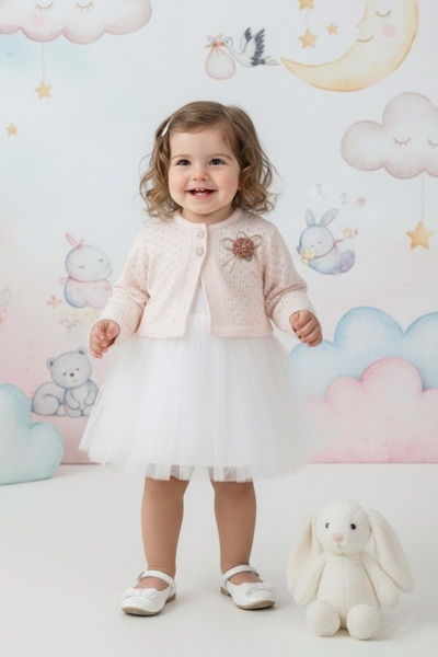Mnk Baby&Kids فستان تريكو بوليرو للفتيات الصغيرات M00770 PUDRA